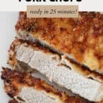 A crispy crumber pork chop with thick slices cut.