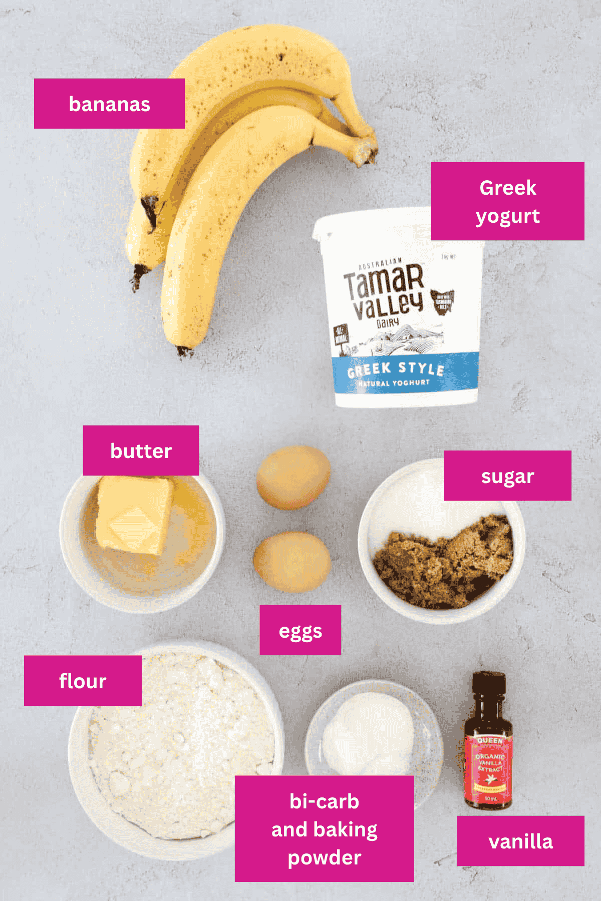 The ingredients for Greek Yogurt Banana Muffins in small bowls.