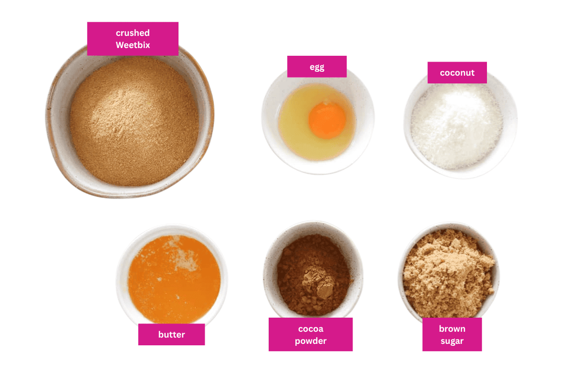 The ingredients for chocolate weetbix slice in small bowls.