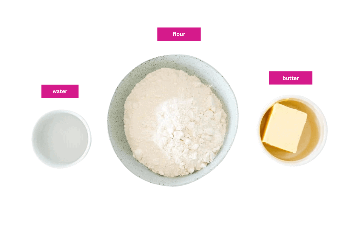 Butter, water and flour in three bowls.