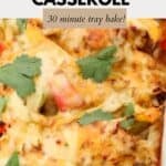 A Mexican inspired chicken fajita tray bake with golden melted cheese on top.