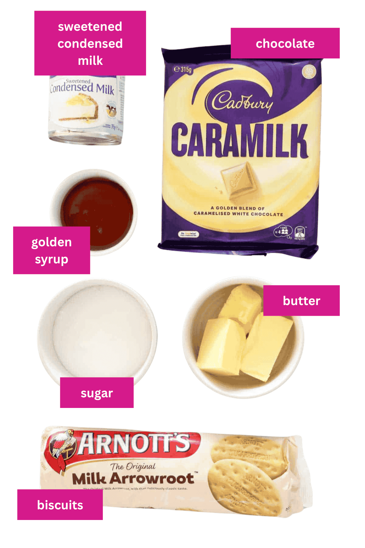 The ingredients for caramel hedgehog slice.