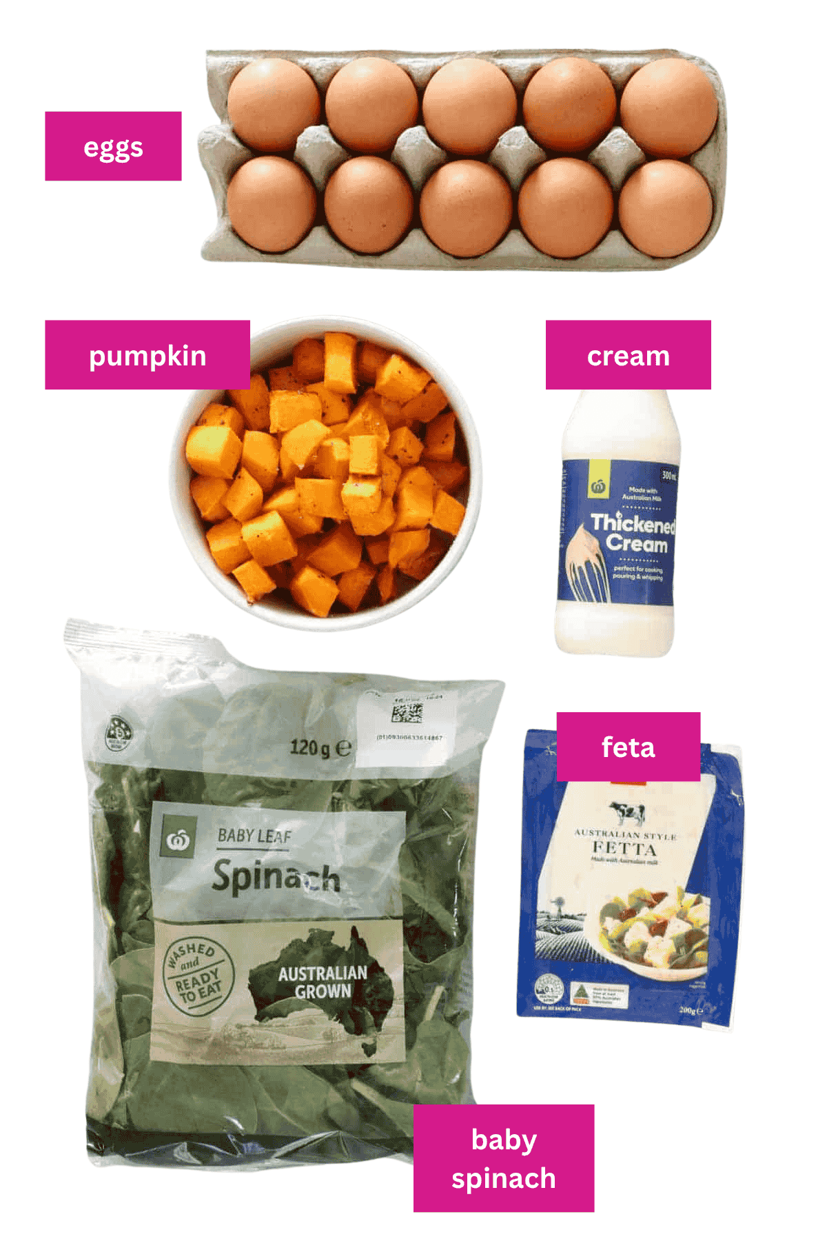 The ingredients for a pumpkin, spinach and feta frittata. 