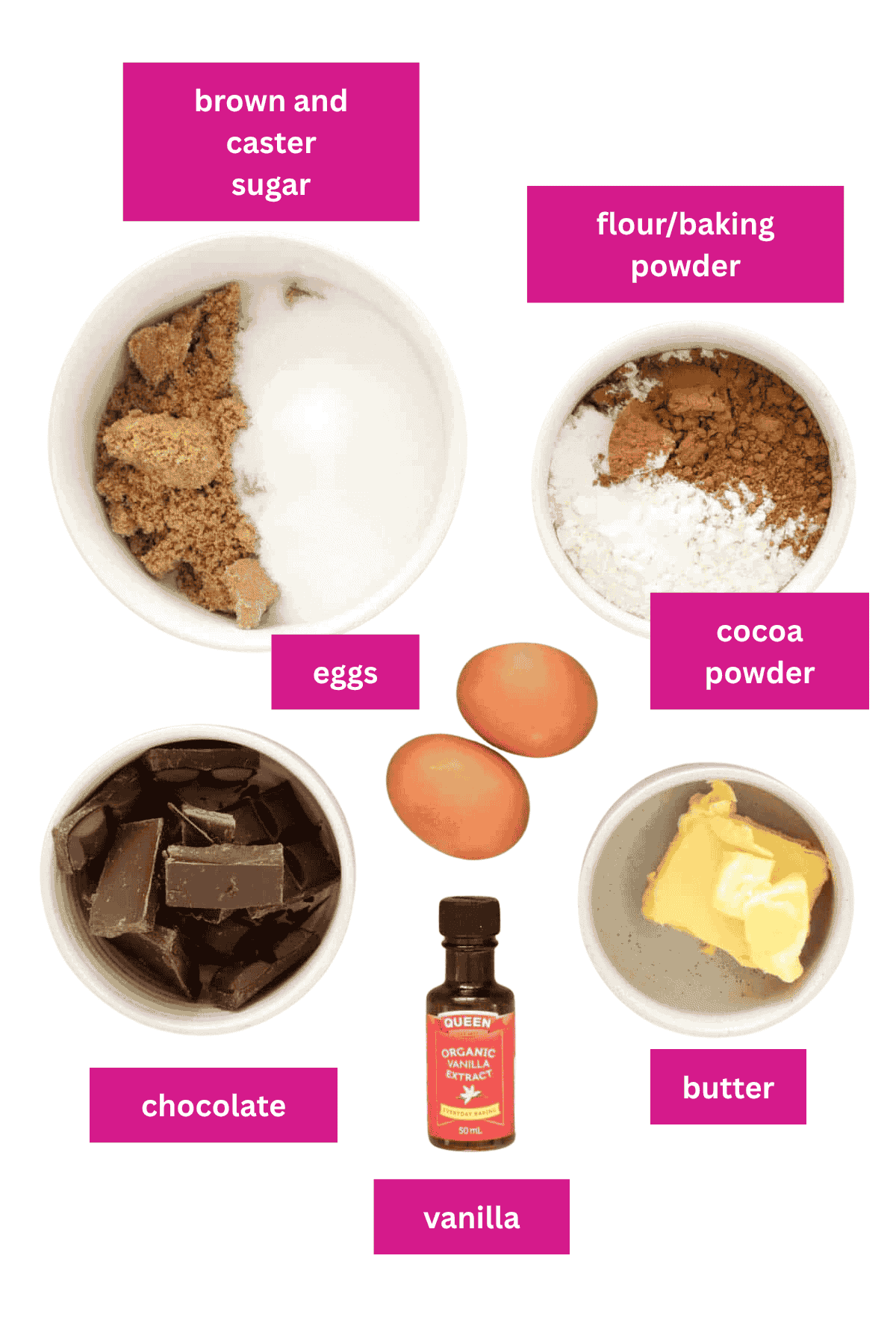 The ingredients for chocolate salted brownie crinkle cookies. 