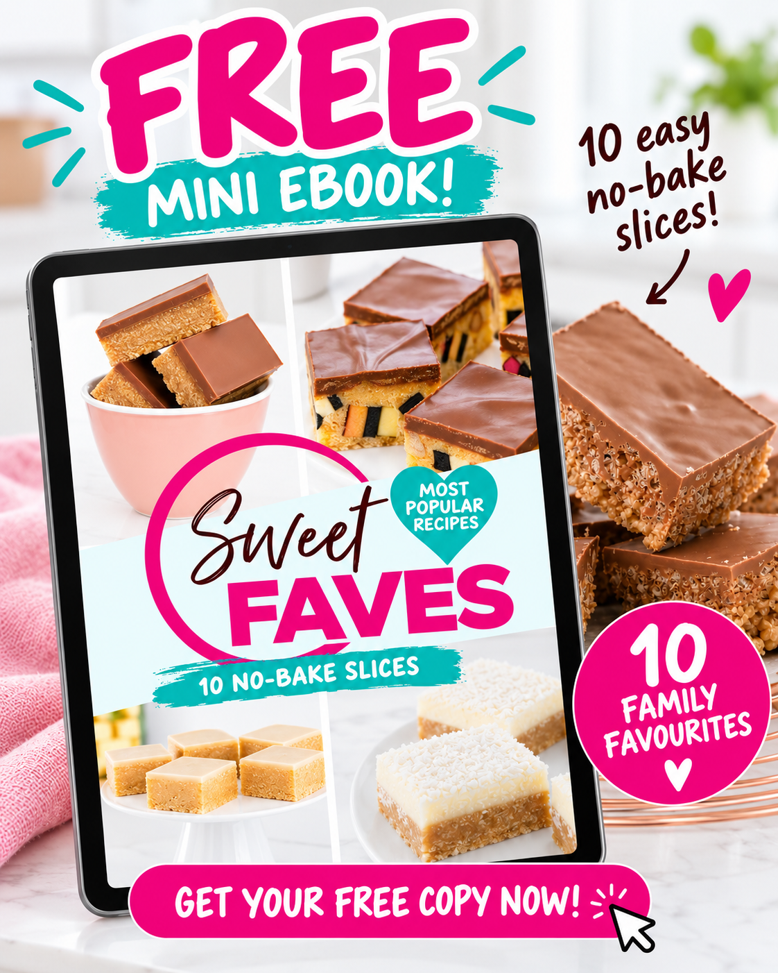 The cover of the Sweet Faves no-bake slices ebook